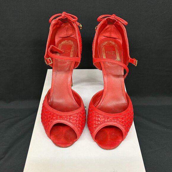 Christian Dior Soft Lady Dior Red Leather Woven Peep Toe Heels Shoes 37.5 7.5 - Picture 1 of 12